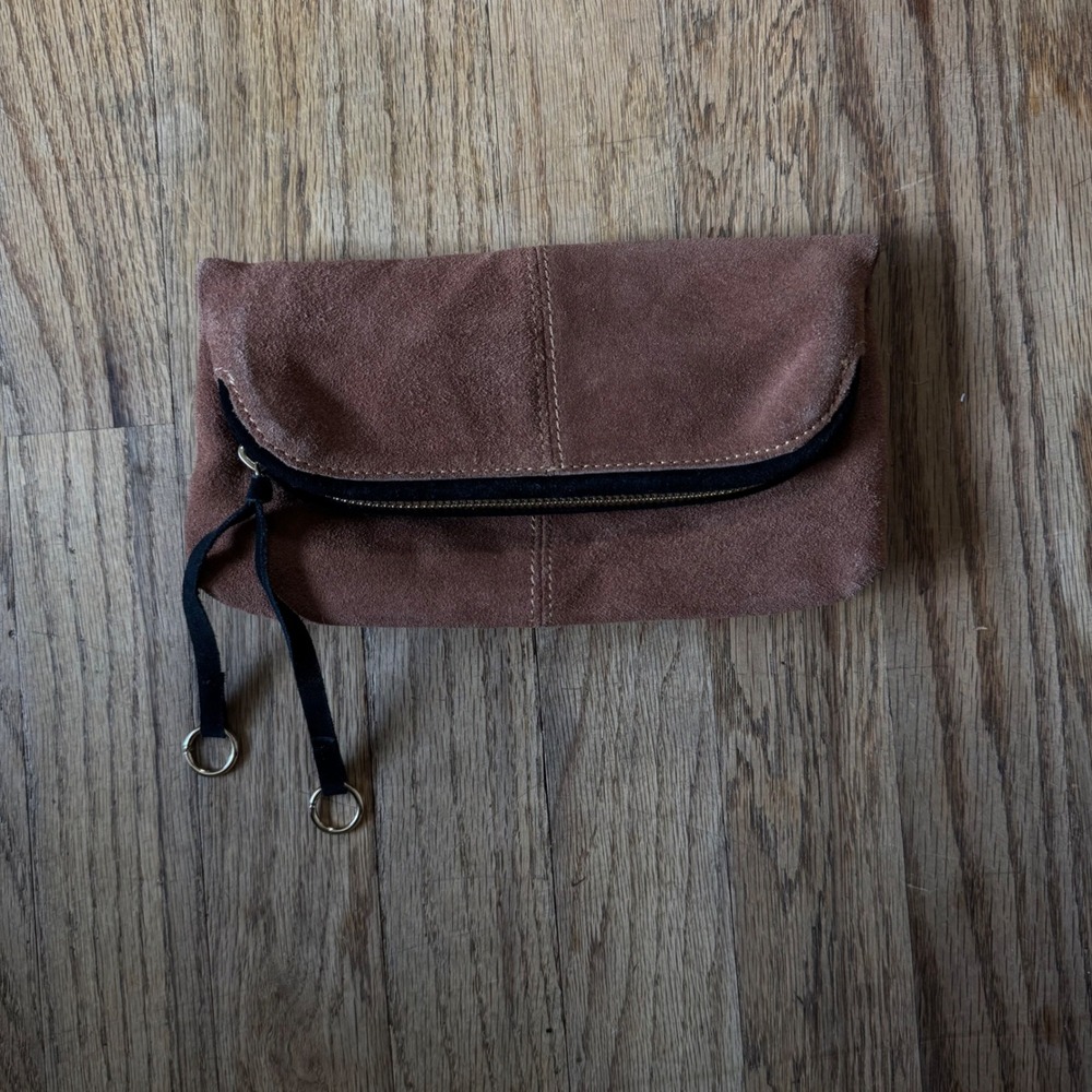 Danielle Nicole Brown Suede Foldover Clutch Bag Black Trim Tassel Zip Boho - Picture 2 of 7